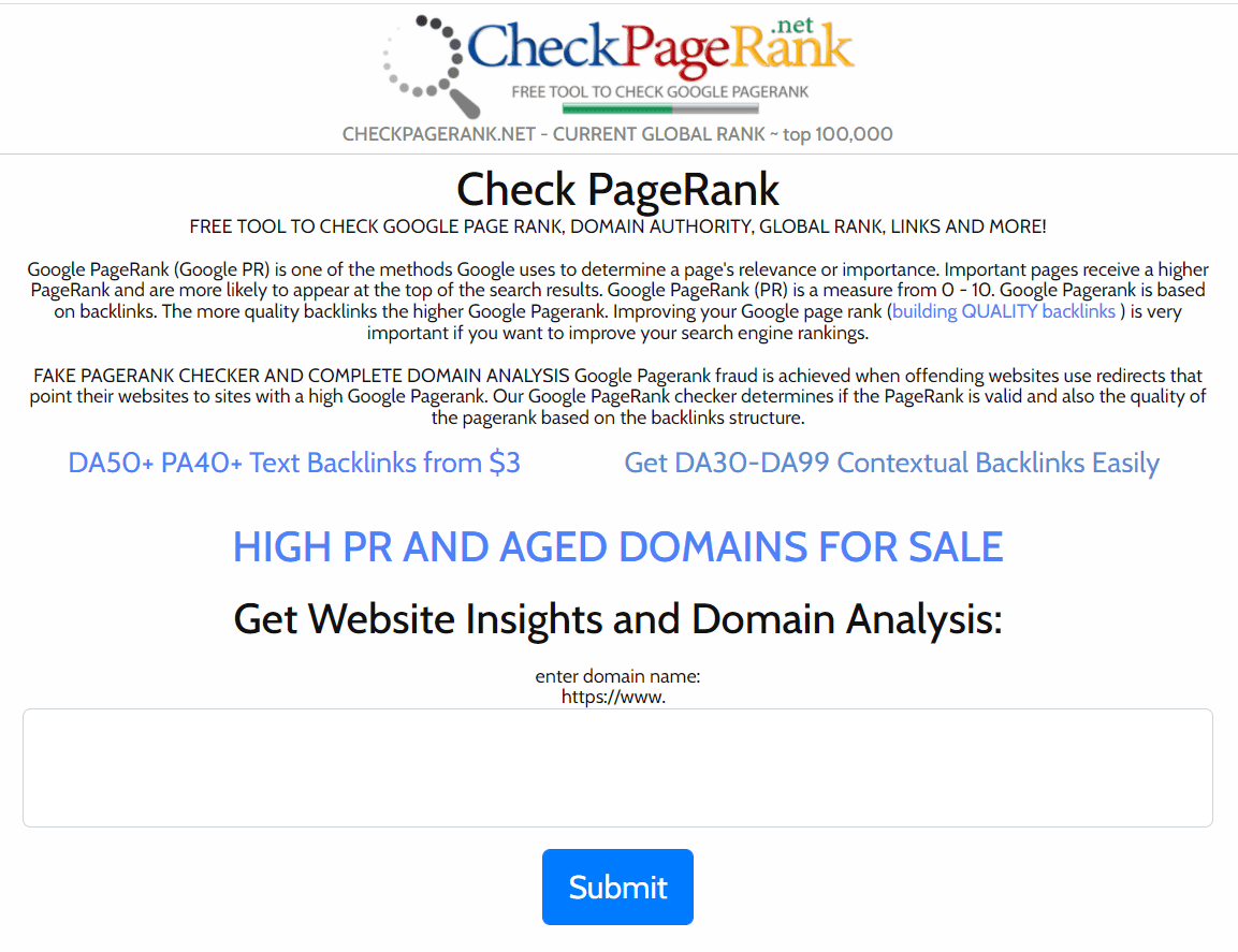 Checking a page's PageRank score