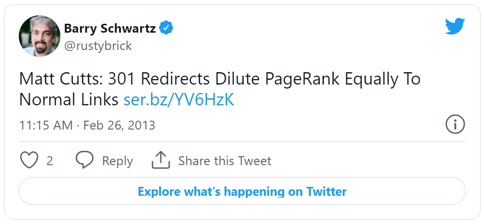 Um Tweet mencionando como os redirecionamentos 301 podem diluir o PageRank
