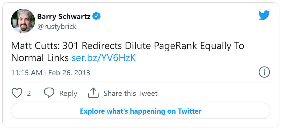 Egy tweet, amely megemlíti, hogy a 301-es átirányítások hogyan gyengíthetik a PageRank értéket