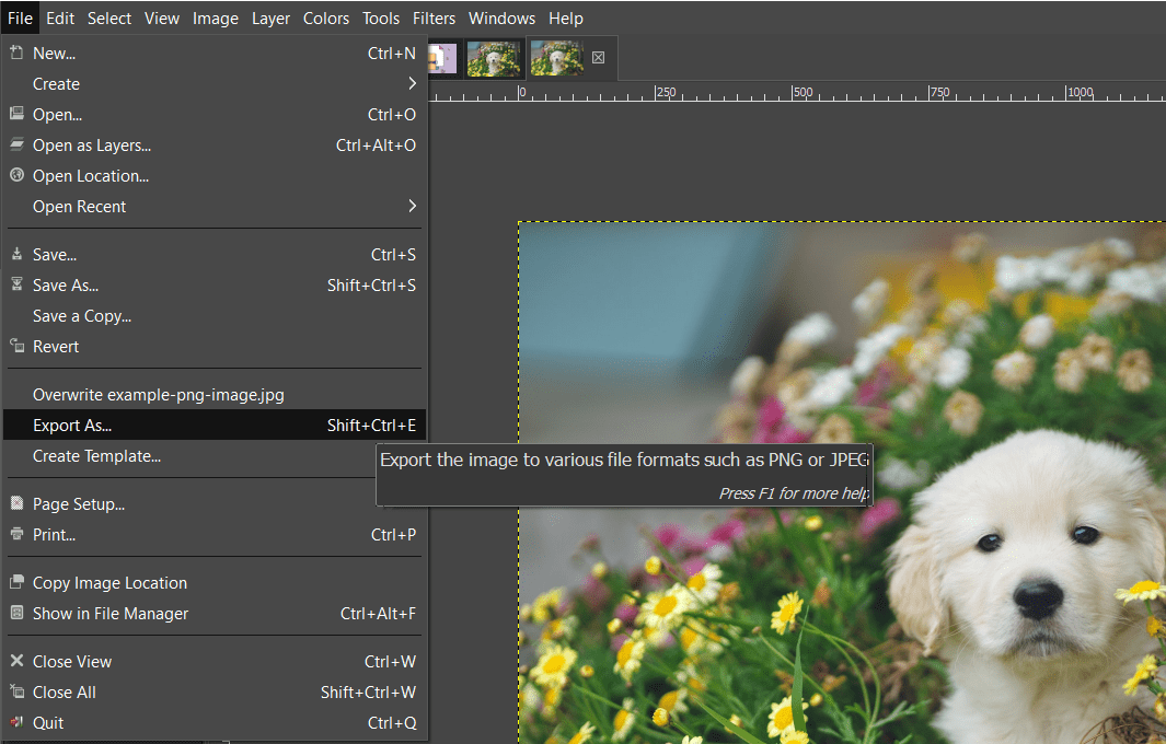 Exporting an image in GIMP. 