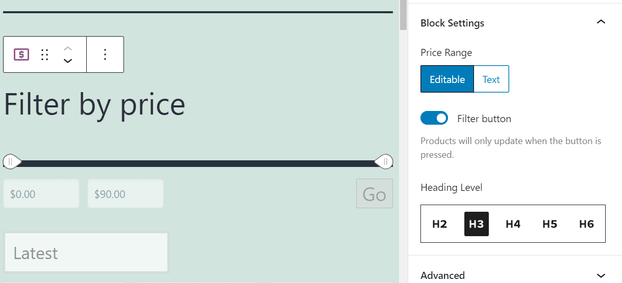 Configuring the Filter Products by Price block