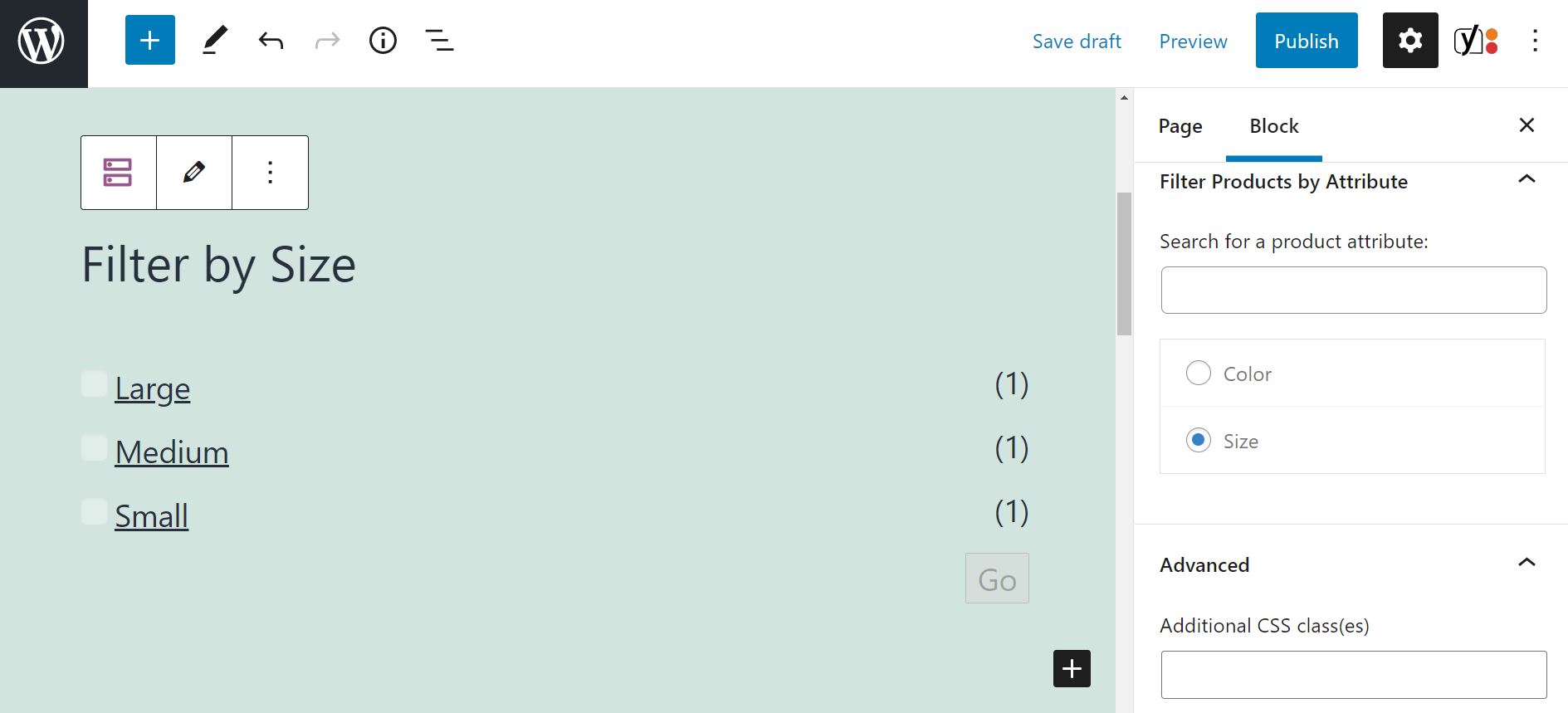 Filter by size option in the Filter Products by Attribute block