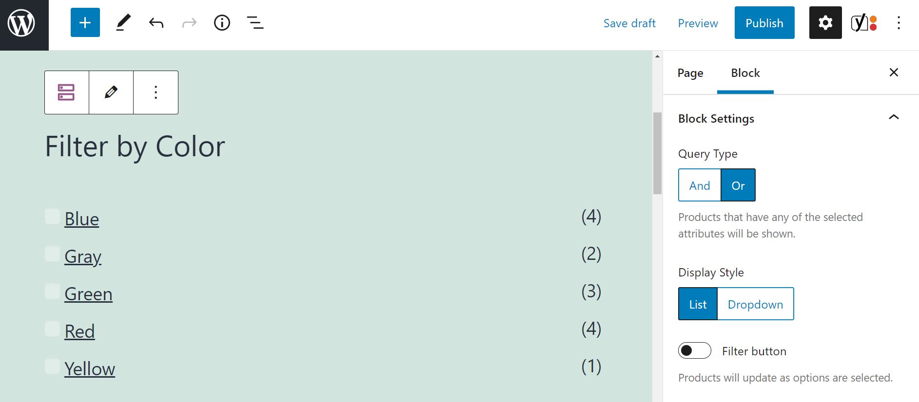 Filter Products by Attribute block settings