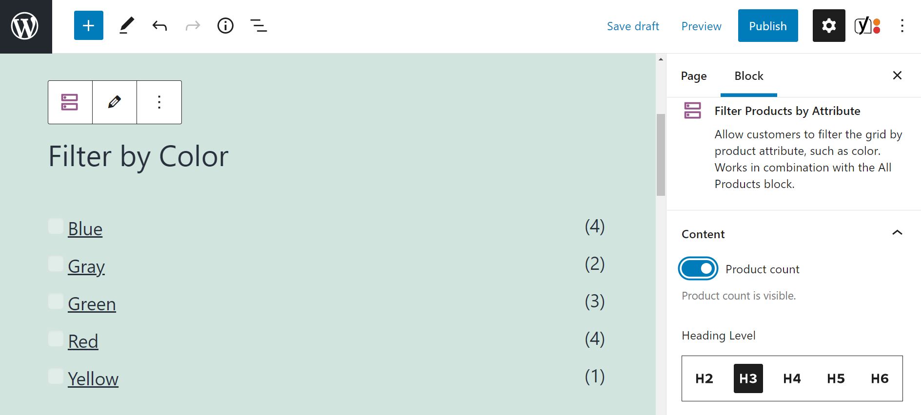 Filter Products by Attribute content settings