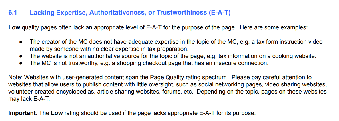 Part of Google's rating guidelines for E-A-T SEO 