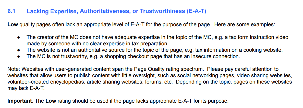 Part of Google's rating guidelines for E-A-T SEO