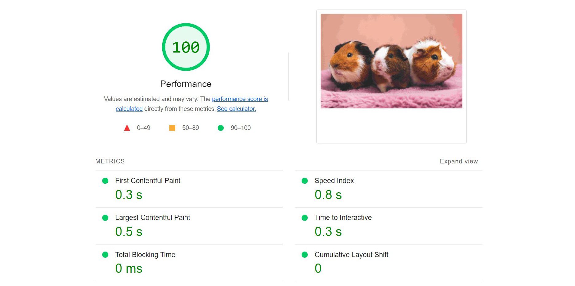 Performance score a page with images compress to 10 percent