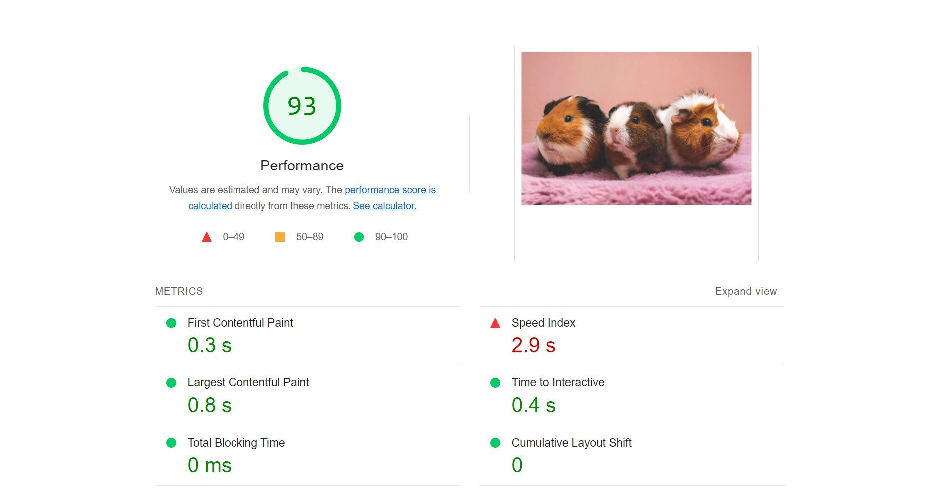 Performance score of a page with image compressed to 50 percent