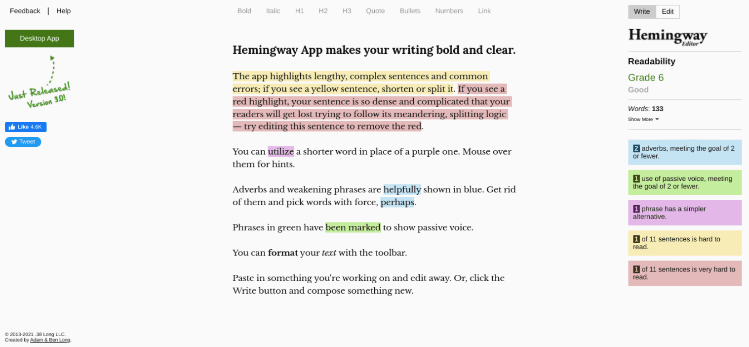 The Hemingway App website can help you achieve the best word count for SEO purposes.