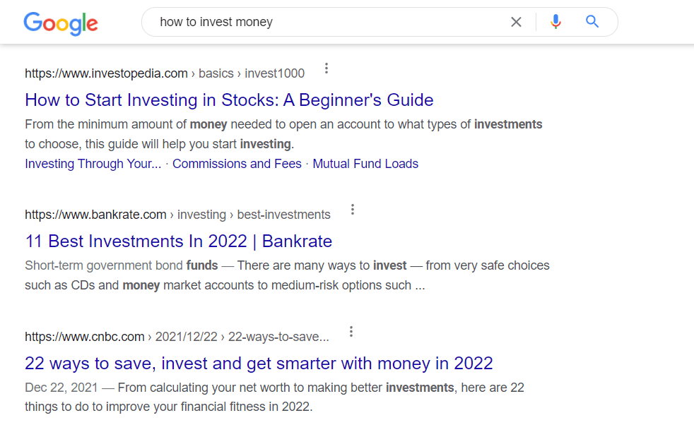 A Google search for how to invest money, a YMYL topic.