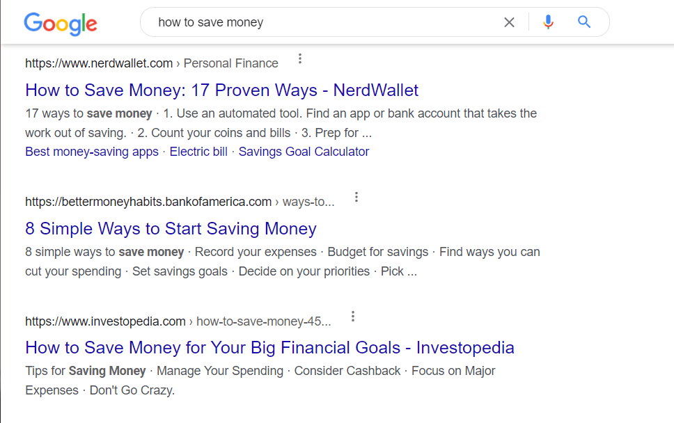 A Google search for how to save money an example of a YMYL topic. 