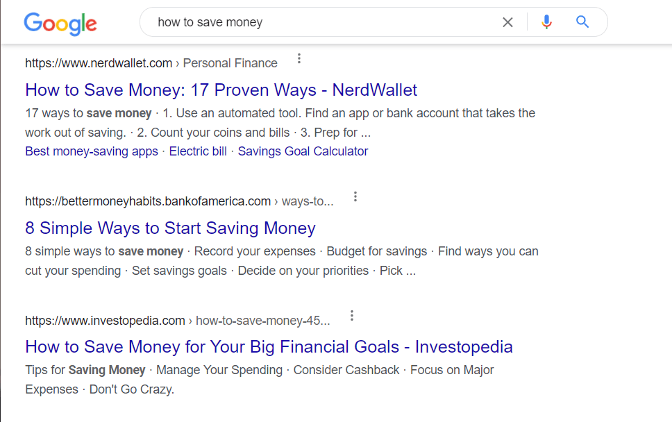 A Google search for how to save money an example of a YMYL topic.