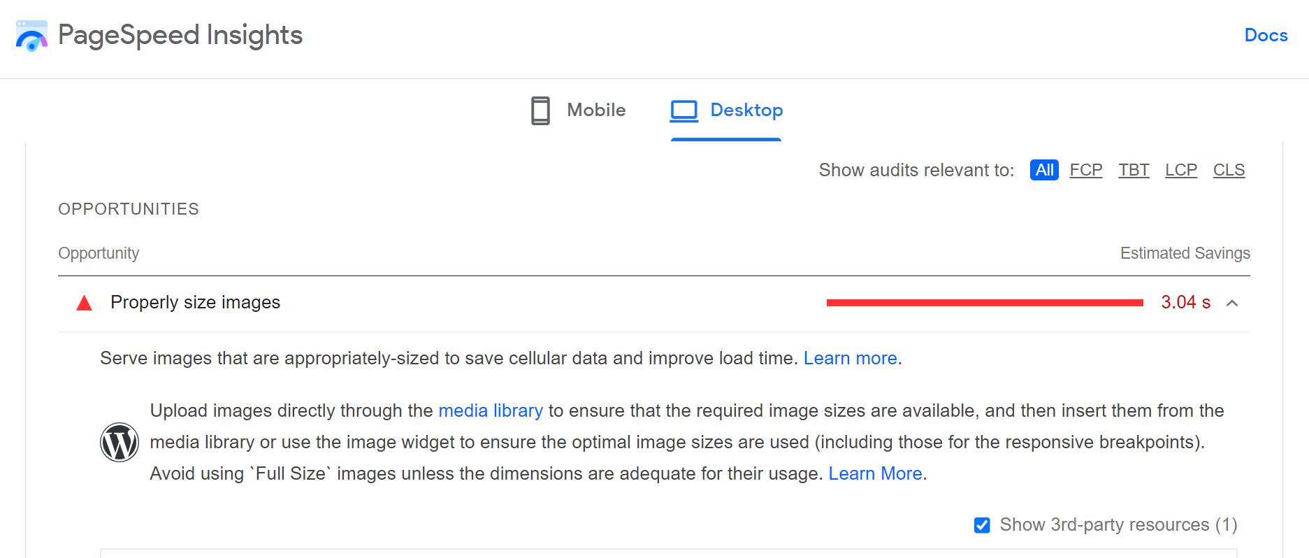Image optimization suggestions in a PageSpeed Insights report