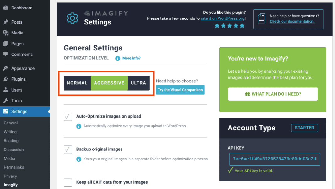 The Imagify plugin settings.