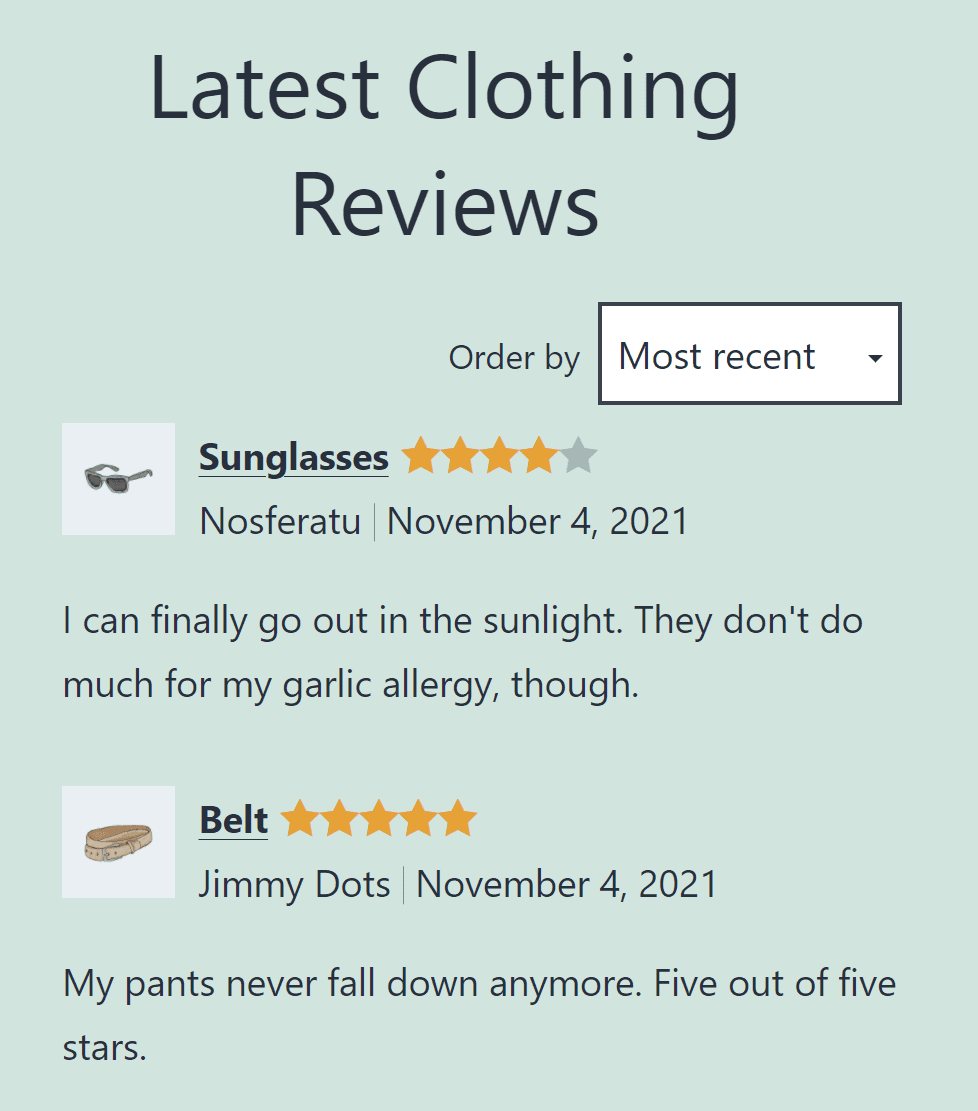 Displaying the latest reviews for the Clothing category in WooCommerce