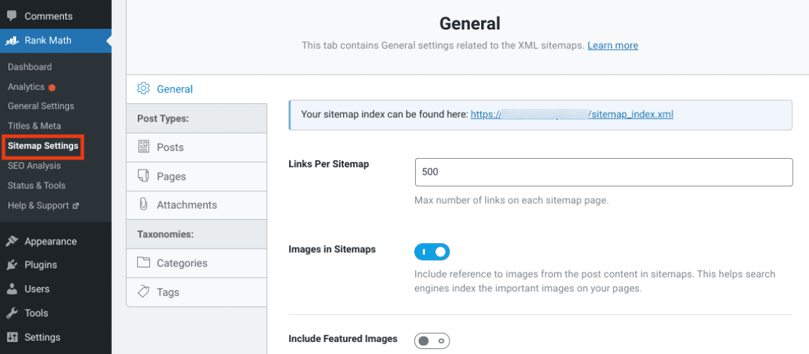 The Rank Math Sitemap settings screen.