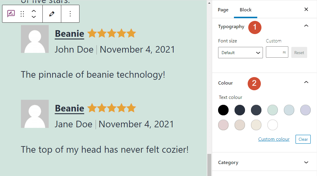 Changing the font settings for the Reviews by Category block