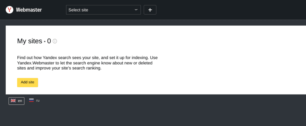 The option to add a site to a Yandex Webmaster tools account.