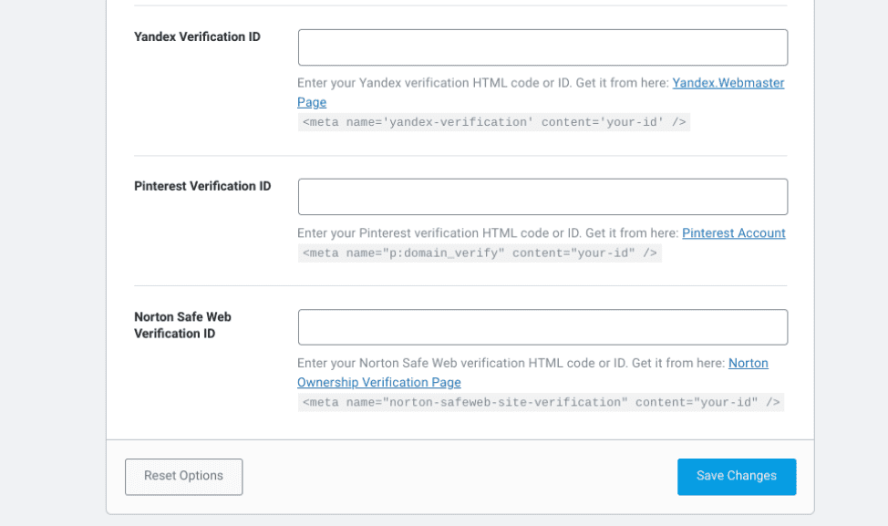 The Yandex Verification ID field in Rank Math SEO plugin in WordPress.