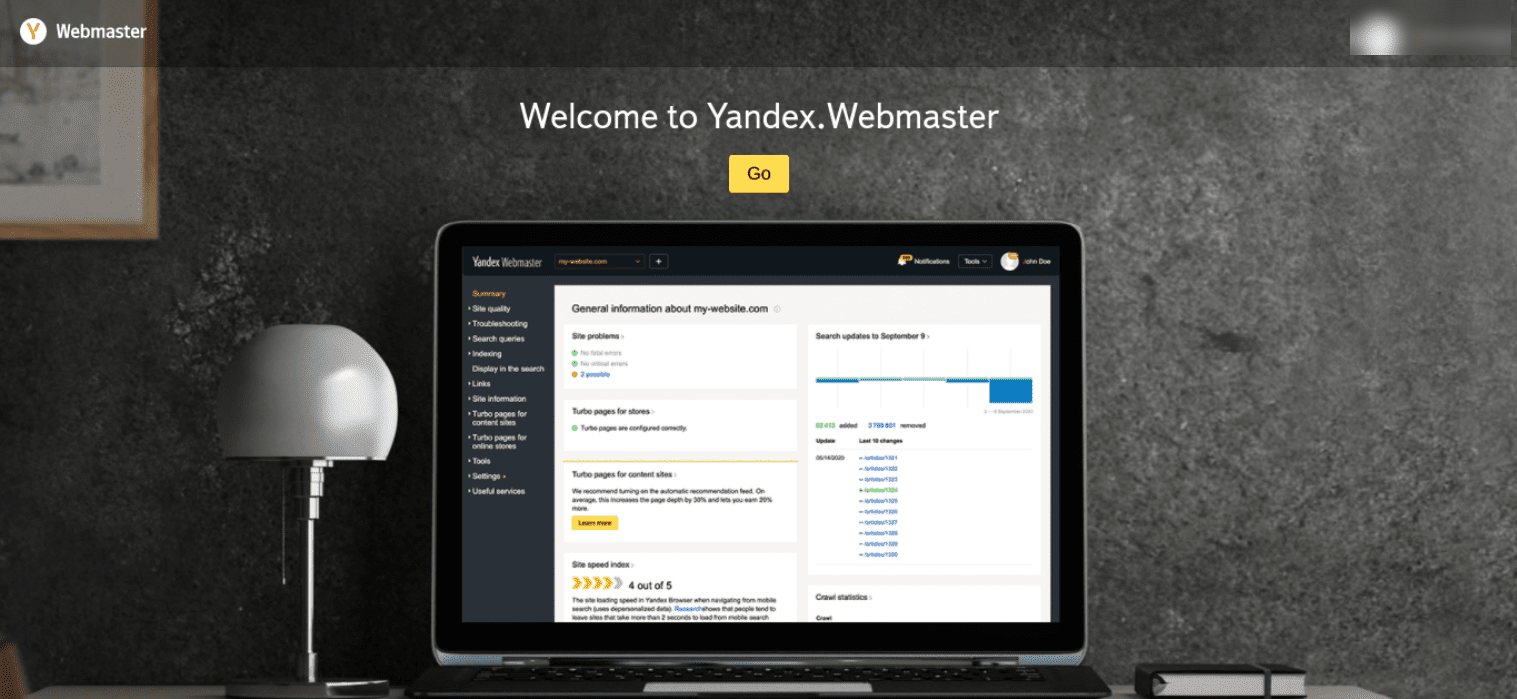 The Yandex Webmaster screen.
