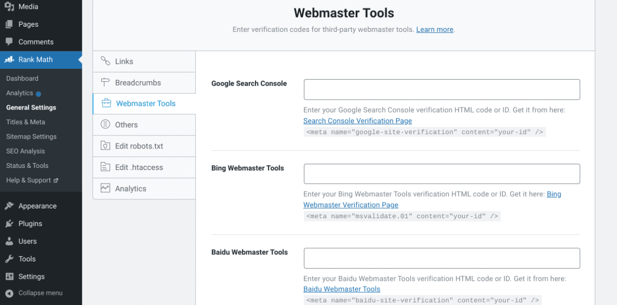 The Webmaster Tools screen in WordPress.
