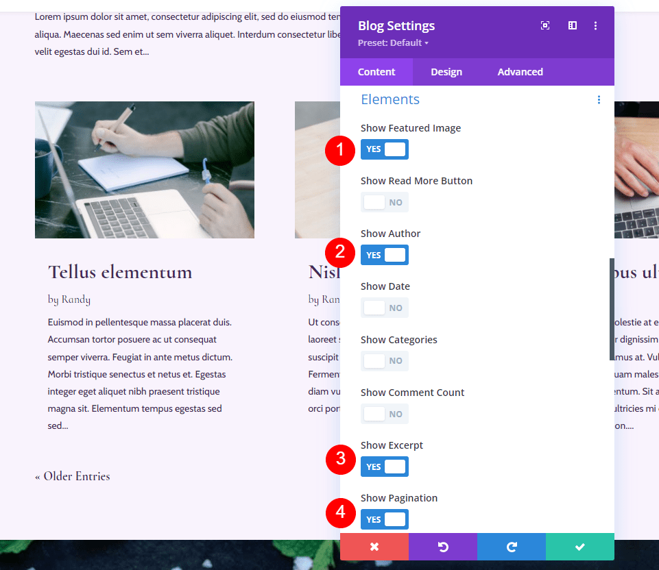 Featured image, Author, Excerpt & Pagination Element Combinations
