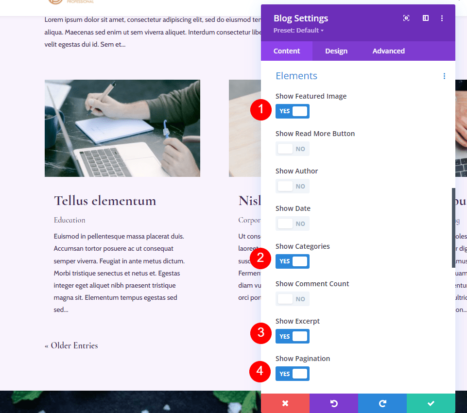 Featured image, Categories, Excerpt & Pagination Element Combinations