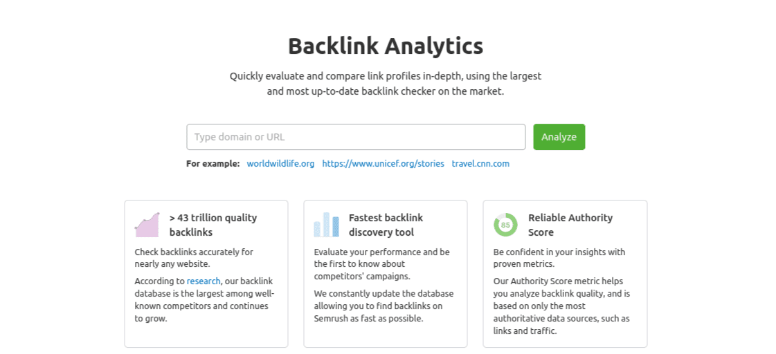 A Semrush Backlink Analytics eszköz.