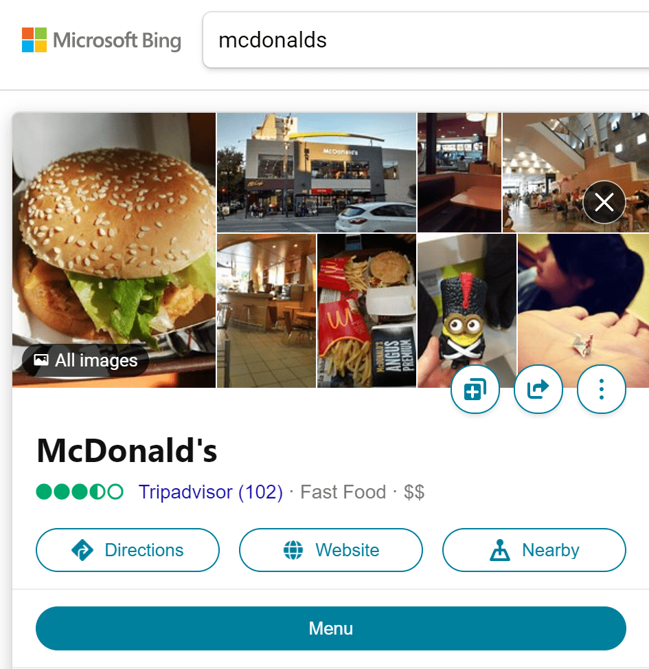 An example of a business using Bing Places for Bing SEO. 