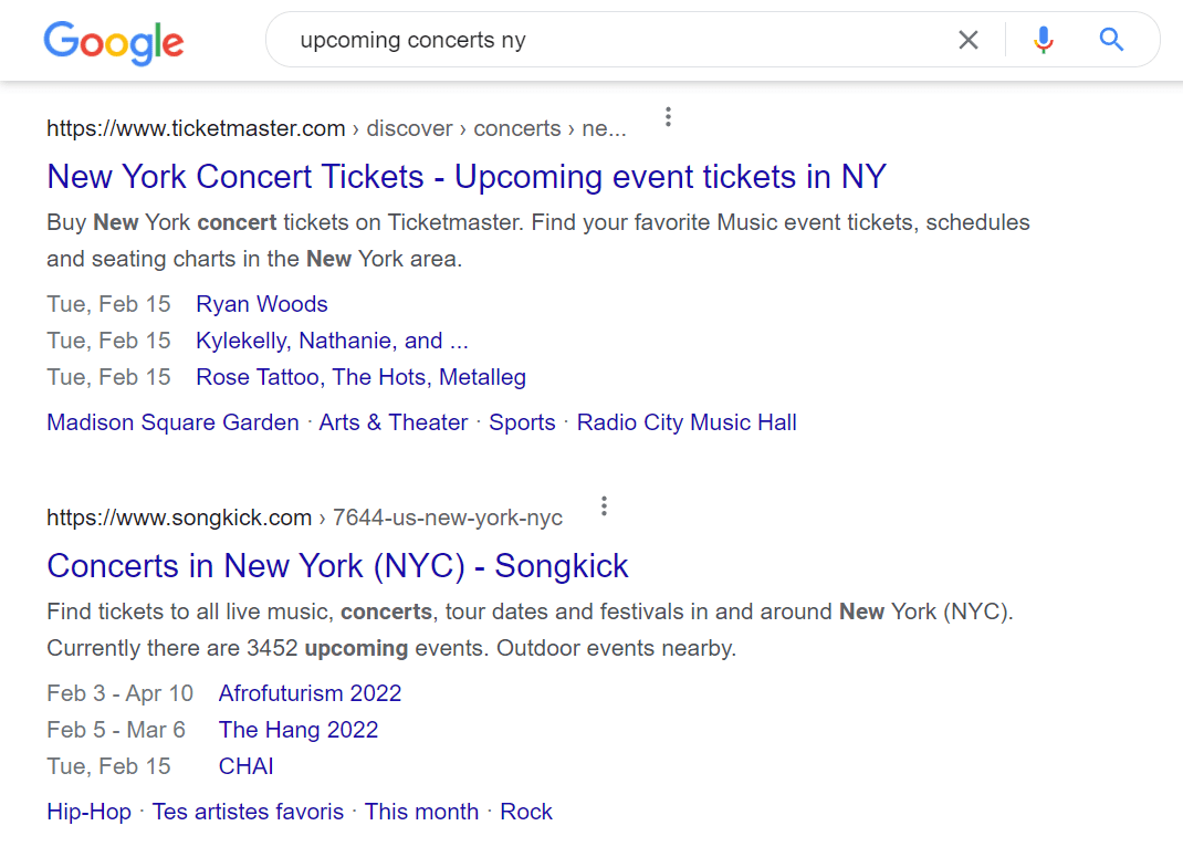 An example of rich snippets for events