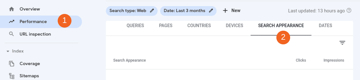 تب ظاهر جستجو در گزارش عملکرد کنسول جستجوی گوگل.