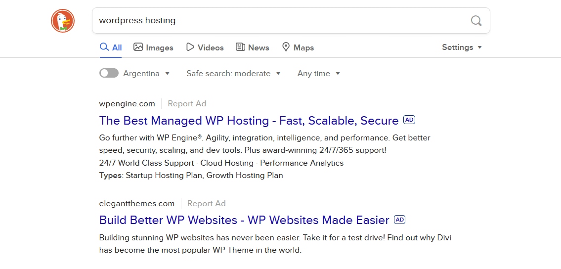 An example of DuckDuckGo ads