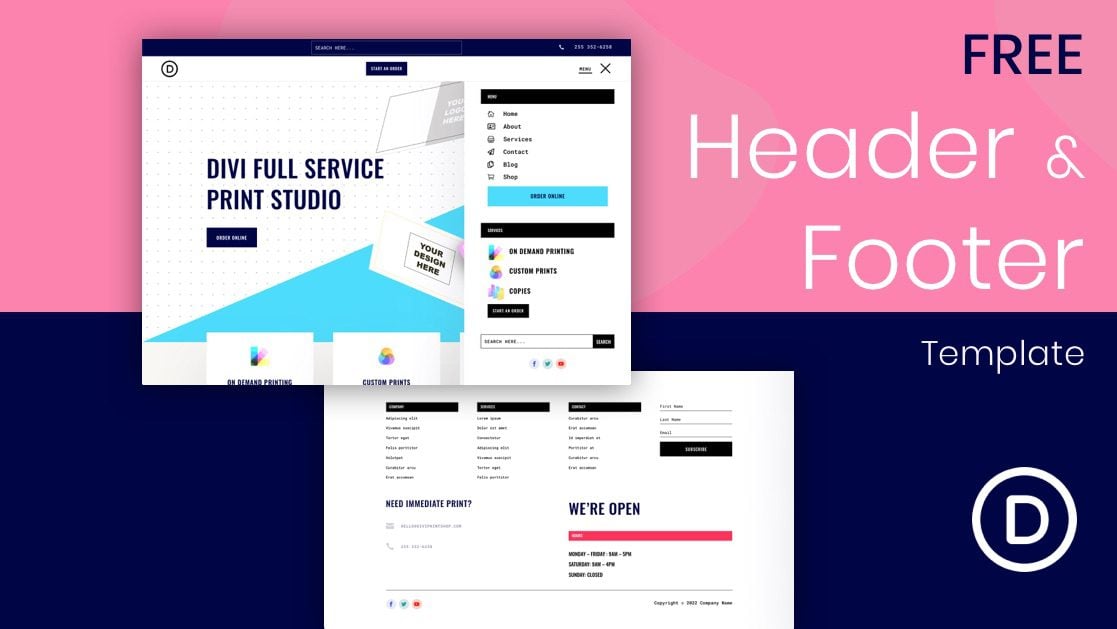 Download a FREE Header and Footer Template for Divi’s Print Shop Layout Pack