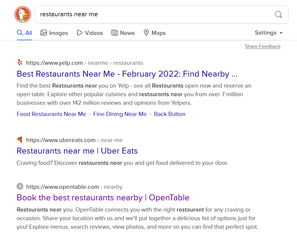Examples of location-based results in DuckDuckGo