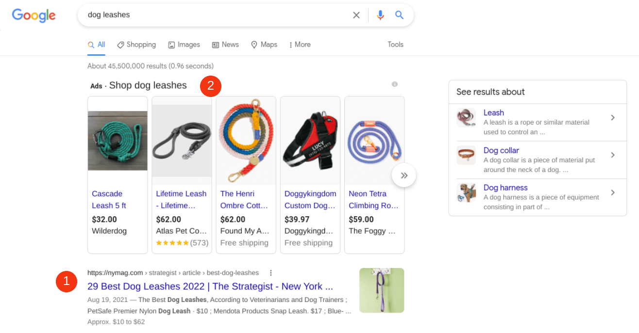 Ads and organic results in a search engine results.
