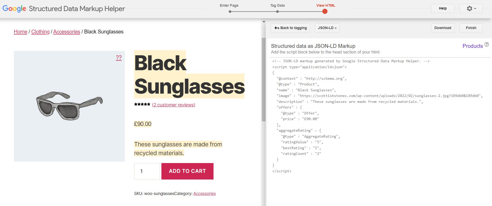 The schema markup code in the Structured Data Markup Helper