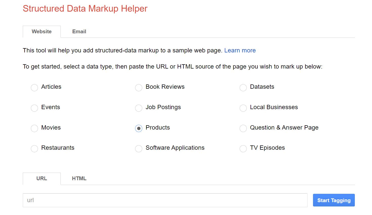 Choosing a data type in the Structured Data Markup Helper