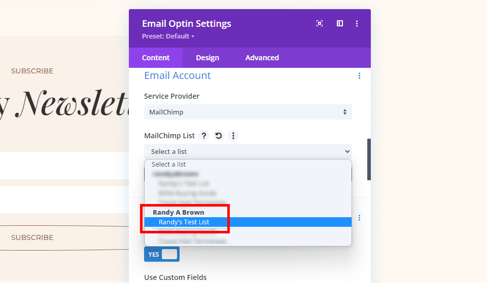 MailChimp Divi Set up Email Account Example