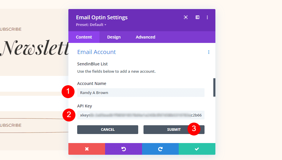 SendinBlue Divi Set up Email Account Example