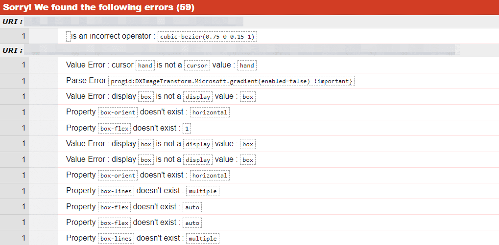 Results generated by the CSS validator