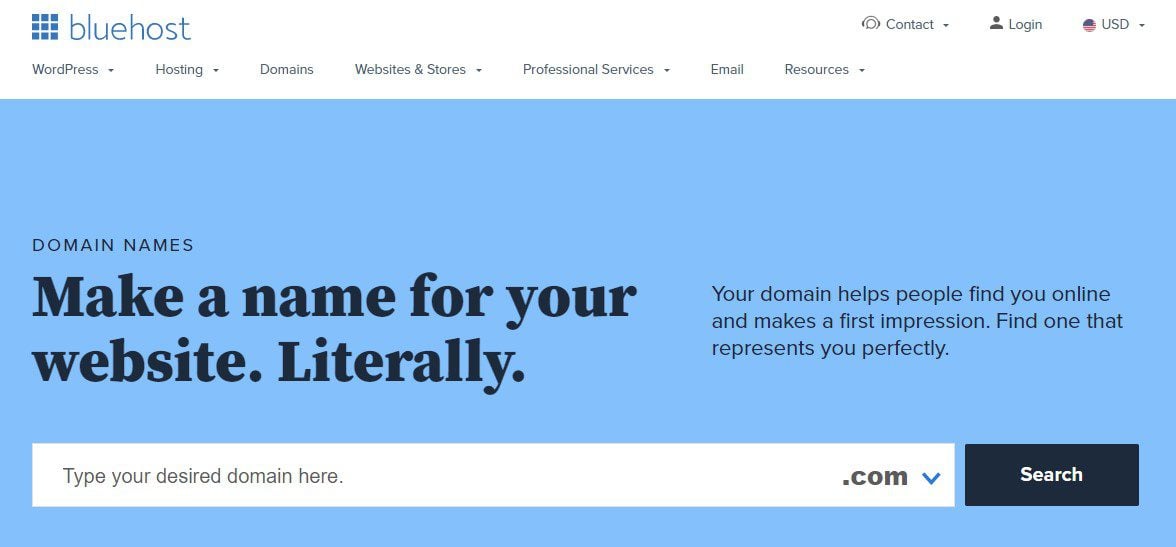 Bluehost domain page