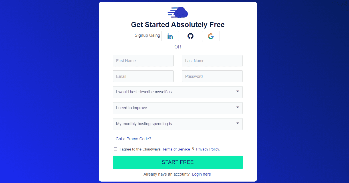 The Cloudways signup page