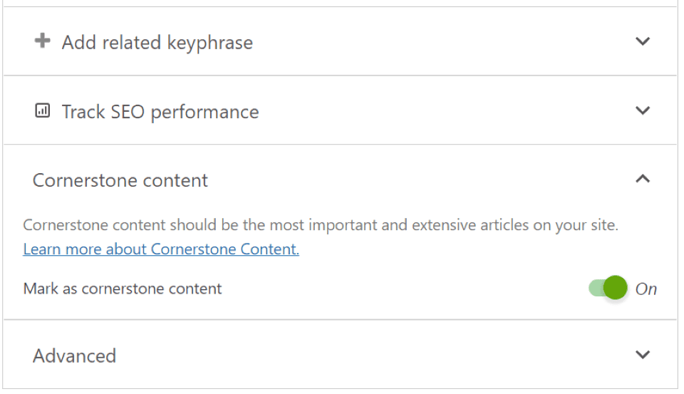 The toggle button for cornerstone content in Yoast SEO