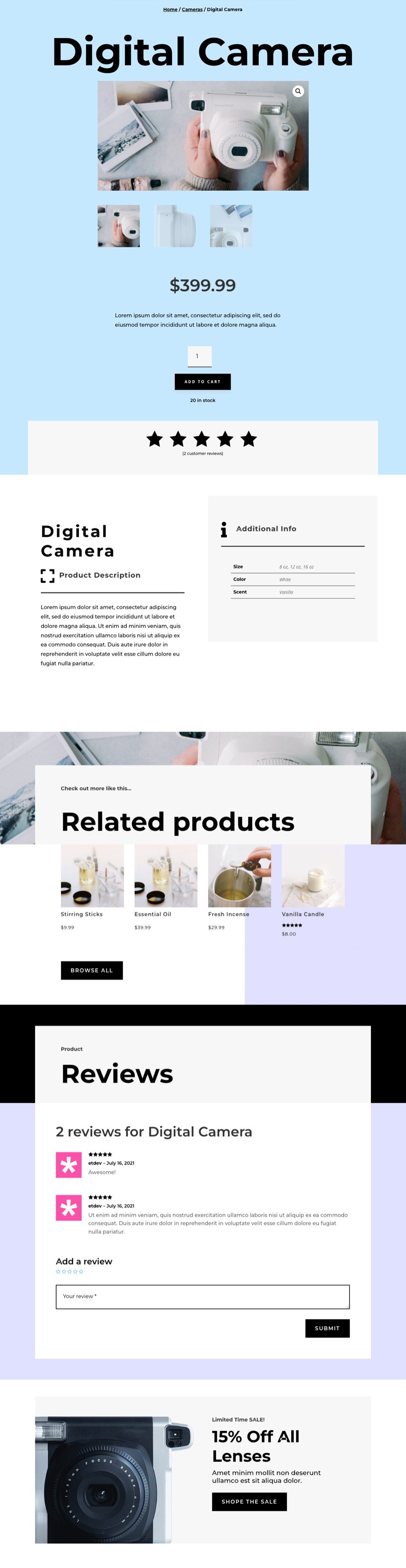 divi camera product page template