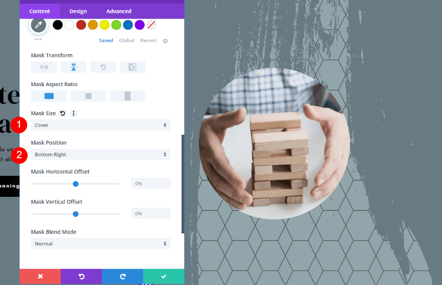 Exemplo Três de Configurações de Transformação de Máscara e Padrão de Fundo