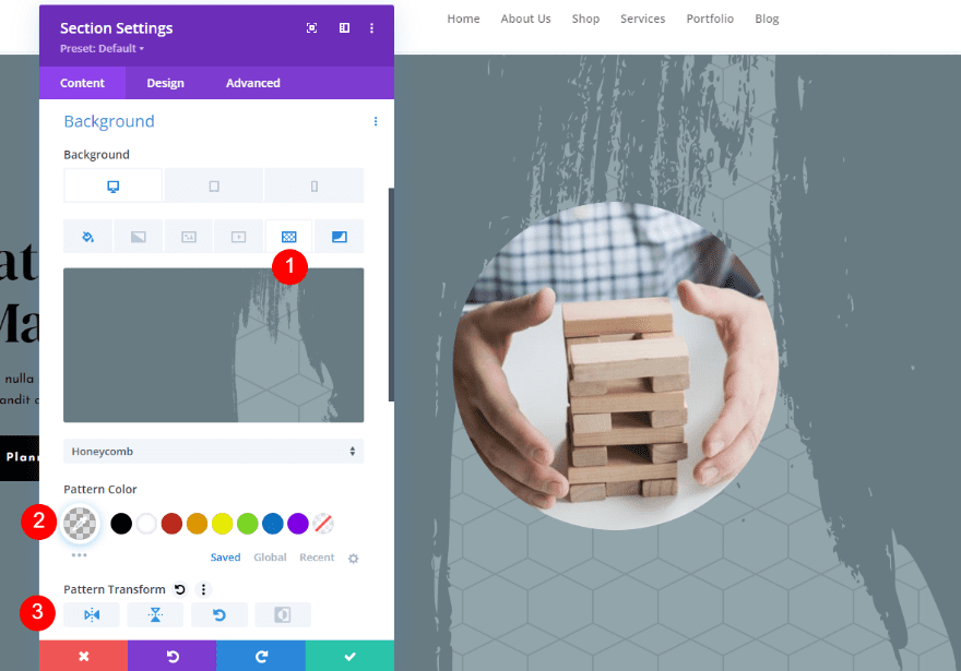 Exemplo Três de Configurações de Transformação de Máscara e Padrão de Fundo