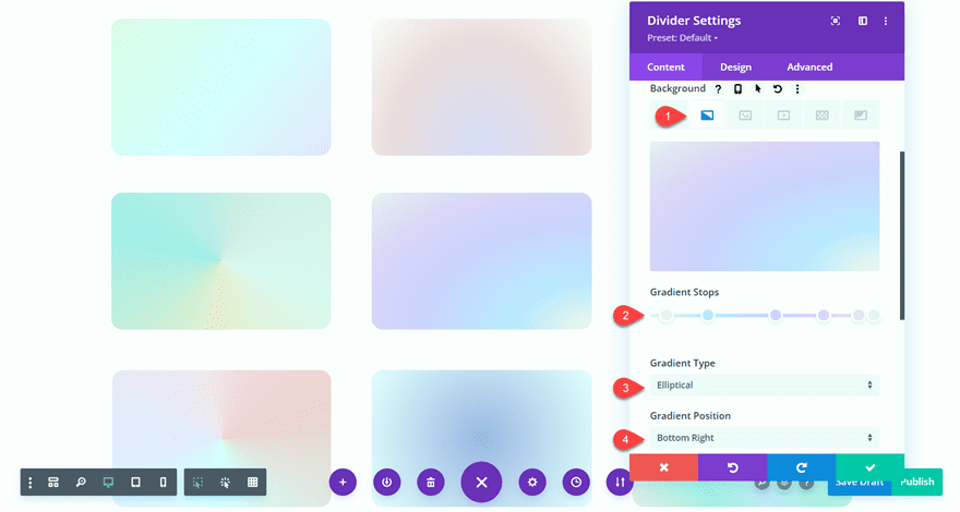 Divi pastel gradient background settings