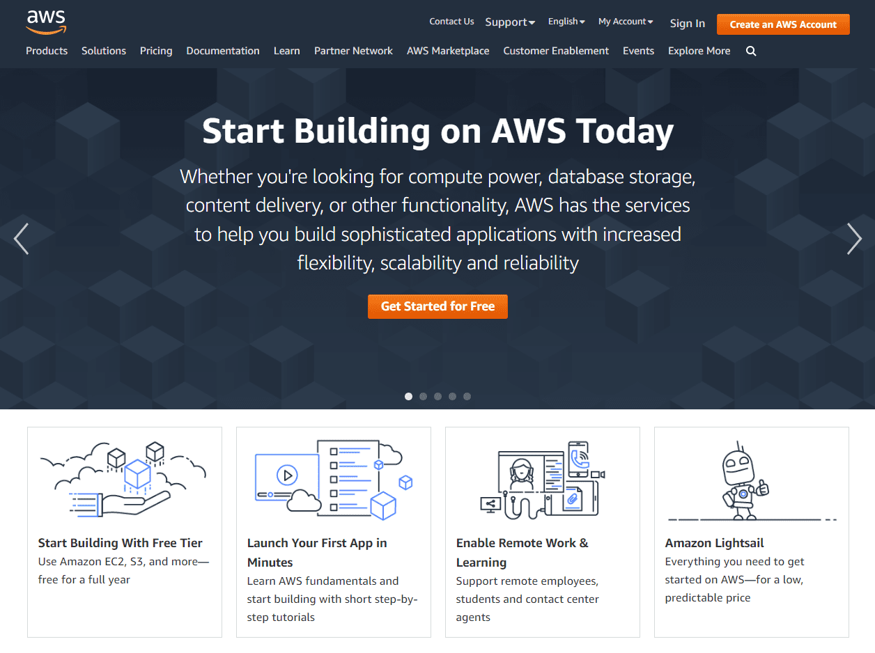 Amazon AWS homepage