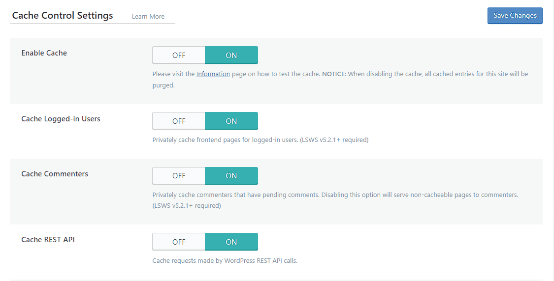 The cache control settings in LiteSpeed cache