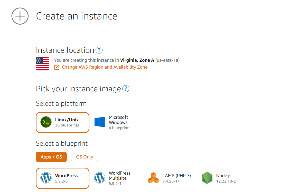 Creating a Lightsail instance in AWS hosting